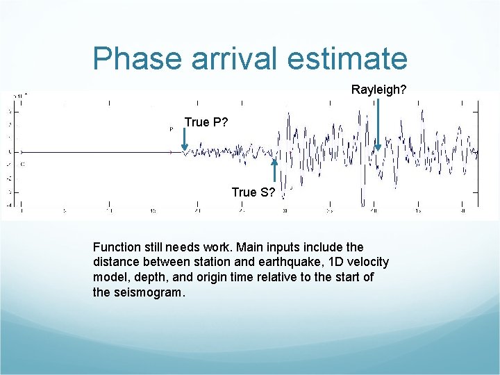 Phase arrival estimate Rayleigh? True P? True S? Function still needs work. Main inputs