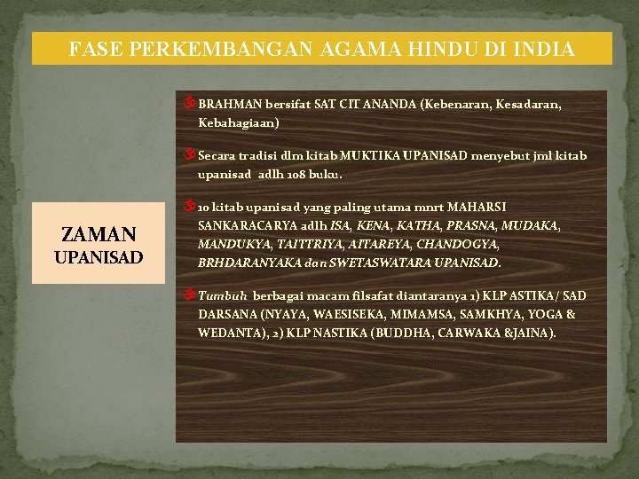 FASE PERKEMBANGAN AGAMA HINDU DI INDIA BRAHMAN bersifat SAT CIT ANANDA (Kebenaran, Kesadaran, Kebahagiaan)