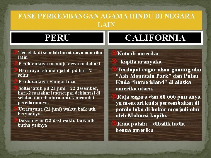 FASE PERKEMBANGAN AGAMA HINDU DI NEGARA LAIN PERU CALIFORNIA Terletak di sebelah barat daya