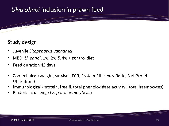 Ulva ohnoi inclusion in prawn feed Study design • Juvenile Litopenaeus vannamei • MBD