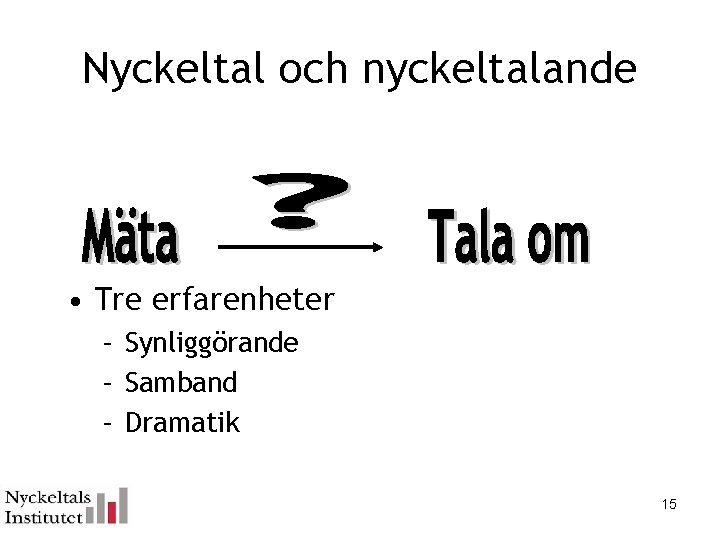 Nyckeltal och nyckeltalande • Tre erfarenheter – Synliggörande – Samband – Dramatik 15 