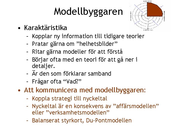 Modellbyggaren • Karaktäristika – – Kopplar ny information till tidigare teorier Pratar gärna om