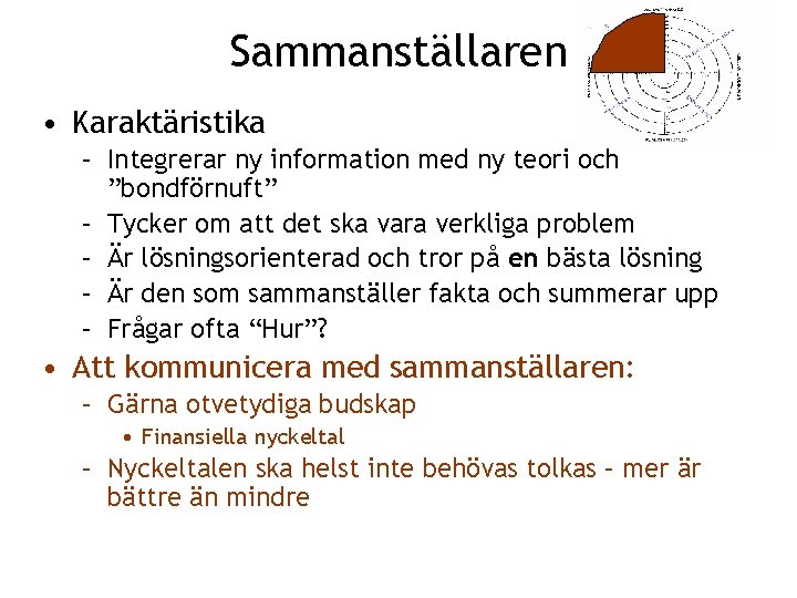 Sammanställaren • Karaktäristika – Integrerar ny information med ny teori och ”bondförnuft” – Tycker