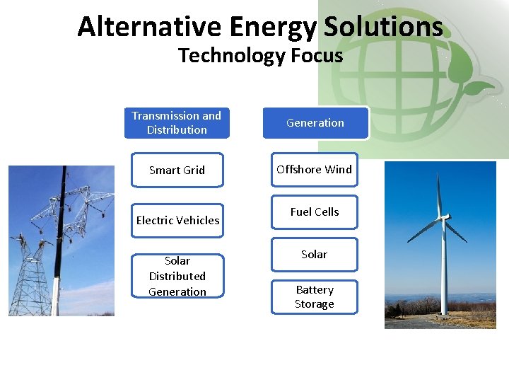 Alternative Energy Solutions Technology Focus Transmission and Distribution Generation Smart Grid Offshore Wind Electric