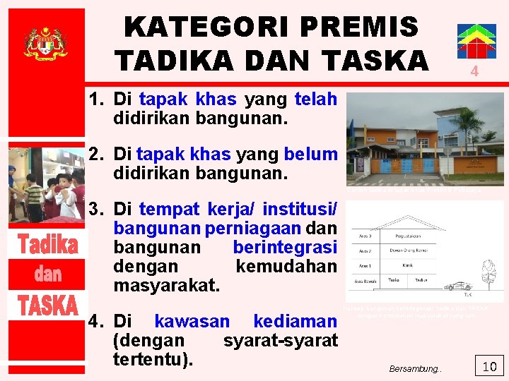 KATEGORI PREMIS TADIKA DAN TASKA 4 1. Di tapak khas yang telah didirikan bangunan.