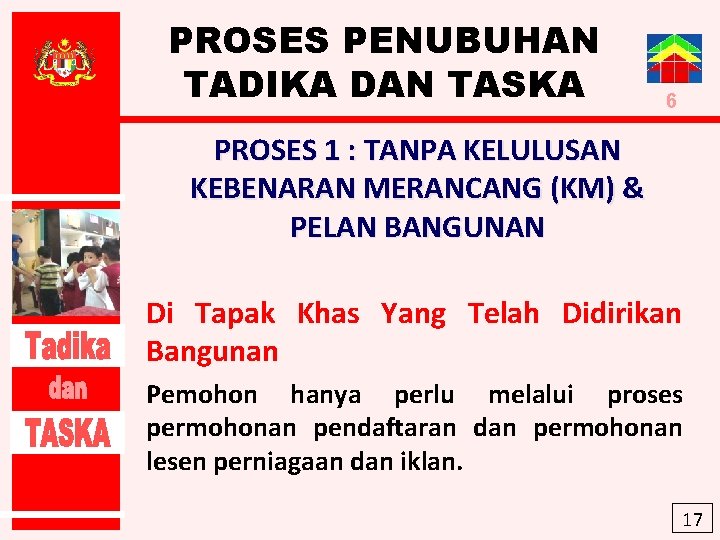 PROSES PENUBUHAN TADIKA DAN TASKA 6 PROSES 1 : TANPA KELULUSAN KEBENARAN MERANCANG (KM)