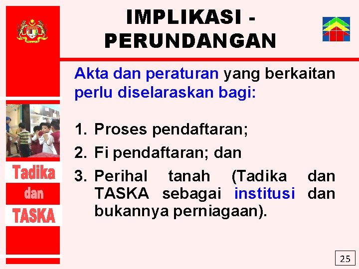 IMPLIKASI PERUNDANGAN Akta dan peraturan yang berkaitan perlu diselaraskan bagi: 1. Proses pendaftaran; 2.