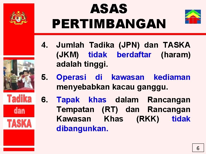 ASAS PERTIMBANGAN 4. Jumlah Tadika (JPN) dan TASKA (JKM) tidak berdaftar (haram) adalah tinggi.