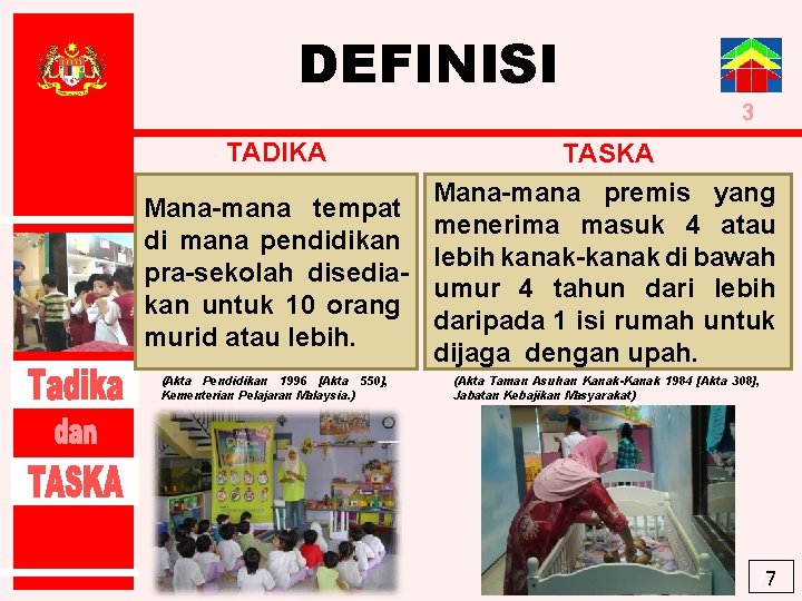 DEFINISI 3 TADIKA TASKA Mana-mana premis yang Mana-mana tempat menerima masuk 4 atau di