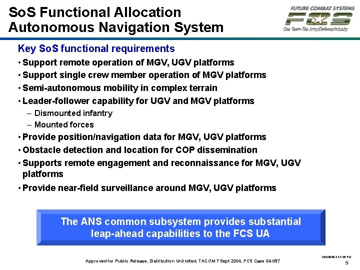 So. S Functional Allocation Autonomous Navigation System Key So. S functional requirements • Support