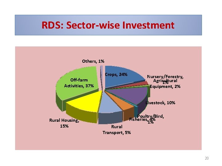 RDS: Sector-wise Investment Others, 1% Off-farm Activities, 37% Crops, 24% Nursery/Forestry, Agricultural 1% Equipment,