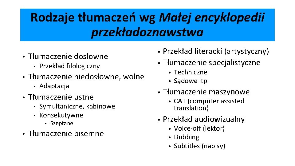 Rodzaje tłumaczeń wg Małej encyklopedii przekładoznawstwa • Tłumaczenie dosłowne • • Adaptacja Tłumaczenie ustne