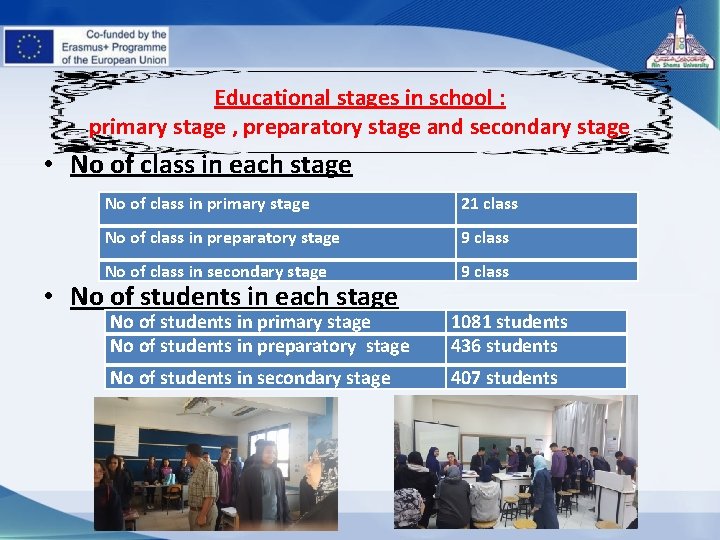 Educational stages in school : primary stage , preparatory stage and secondary stage •