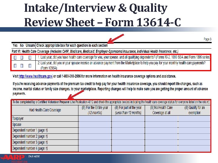 Intake/Interview & Quality Review Sheet – Form 13614 -C TAX-AIDE 