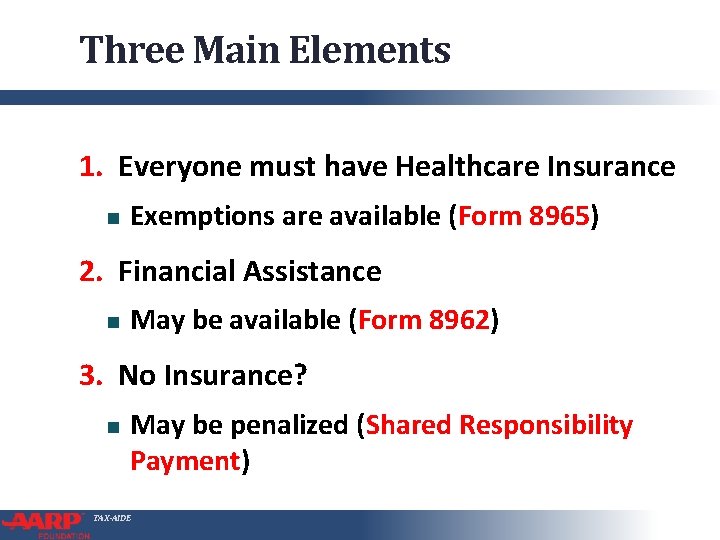 Three Main Elements 1. Everyone must have Healthcare Insurance Exemptions are available (Form 8965)