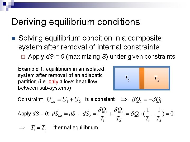 Deriving equilibrium conditions n Solving equilibrium condition in a composite system after removal of