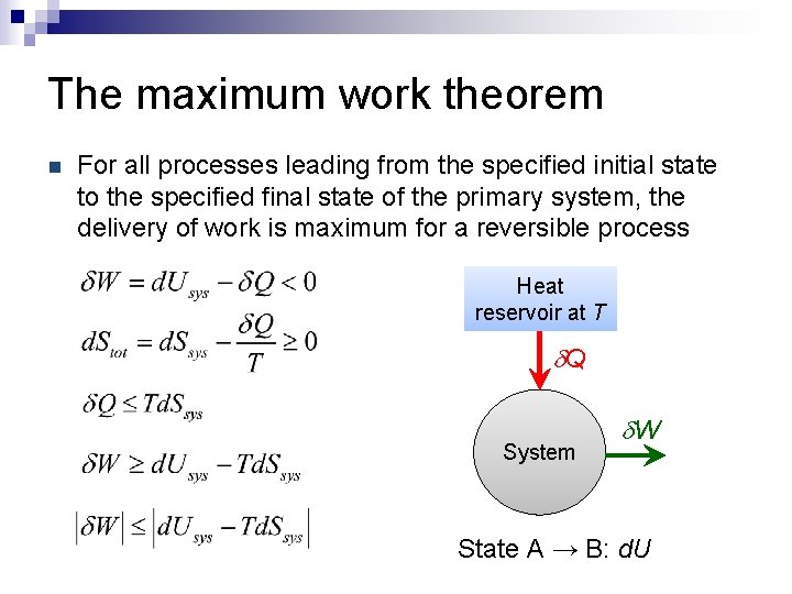 The maximum work theorem n For all processes leading from the specified initial state