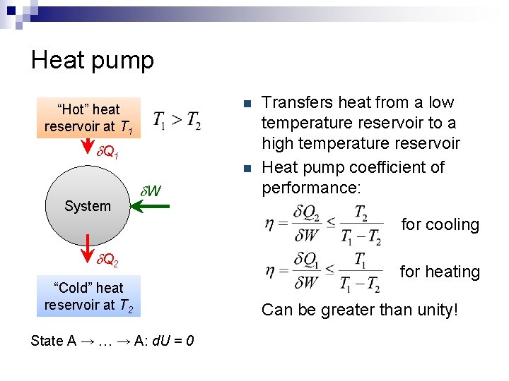 Heat pump n “Hot” heat reservoir at T 1 d. Q 1 n System