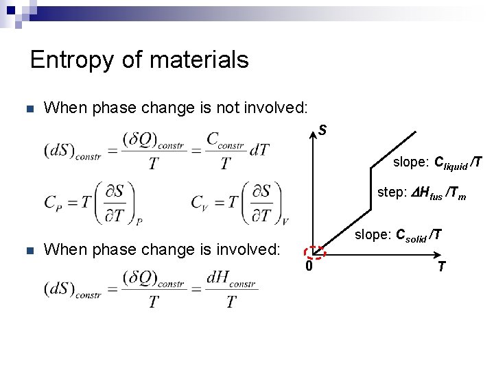 Entropy of materials n When phase change is not involved: S slope: Cliquid /T