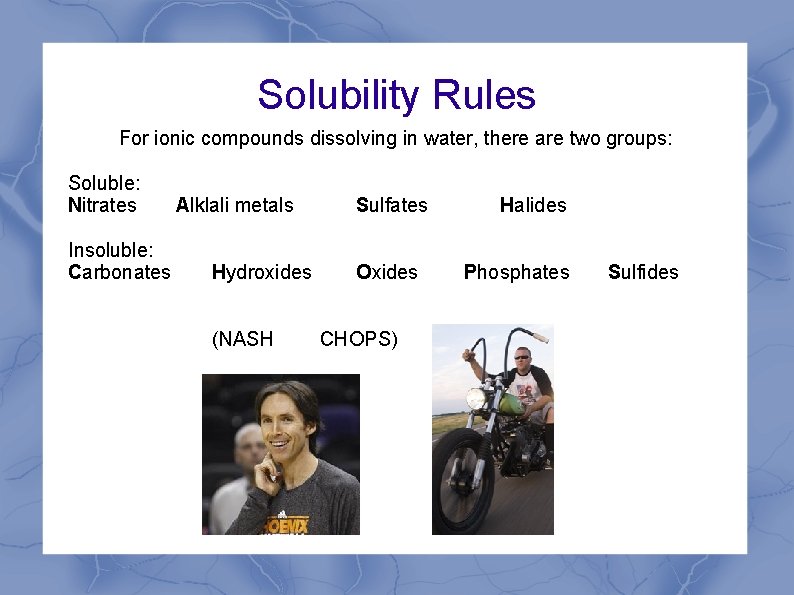 Solubility Rules For ionic compounds dissolving in water, there are two groups: Soluble: Nitrates Solubility Rules For ionic compounds dissolving in water, there are two groups: Soluble: Nitrates