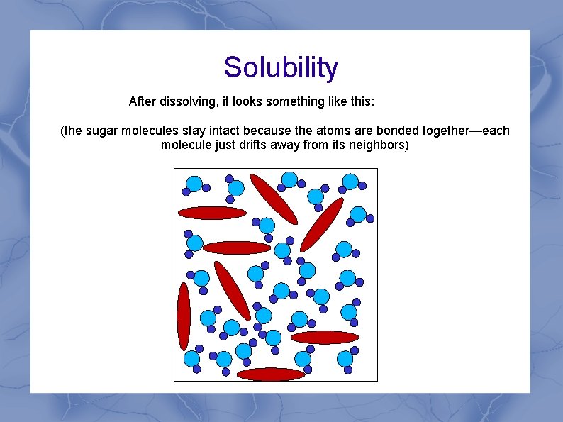 Solubility After dissolving, it looks something like this: (the sugar molecules stay intact because Solubility After dissolving, it looks something like this: (the sugar molecules stay intact because