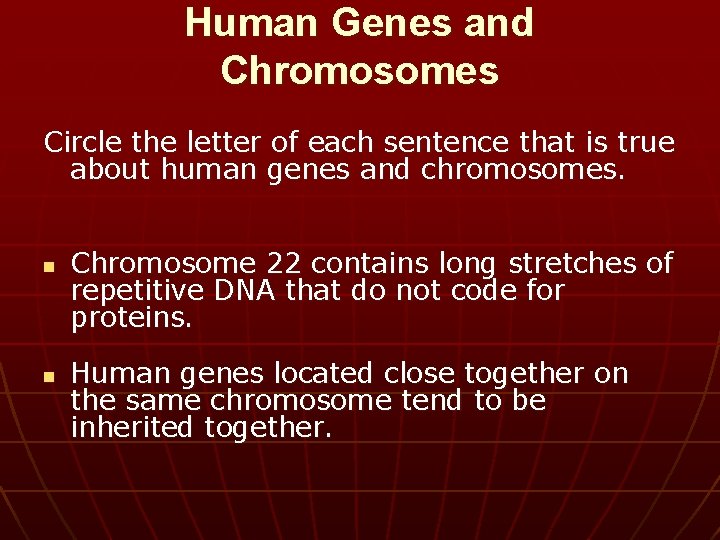 Human Genes and Chromosomes Circle the letter of each sentence that is true about