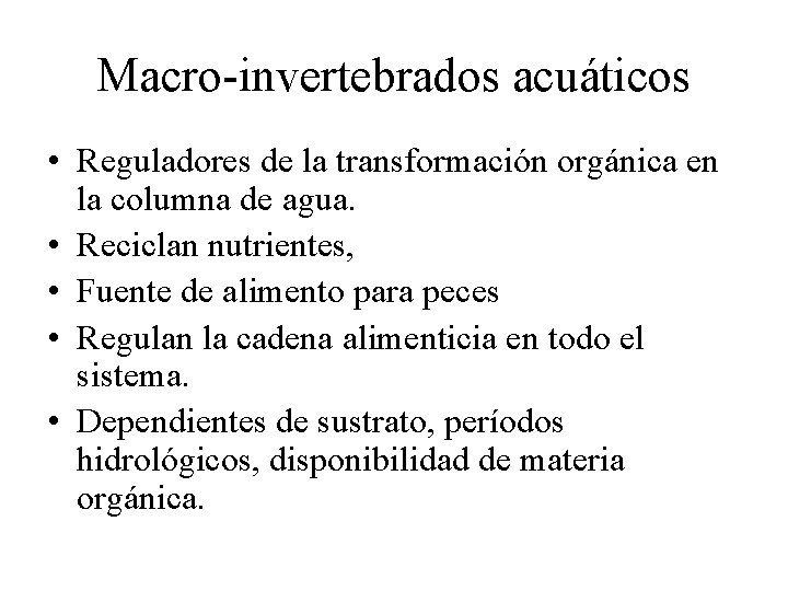Macro-invertebrados acuáticos • Reguladores de la transformación orgánica en la columna de agua. •