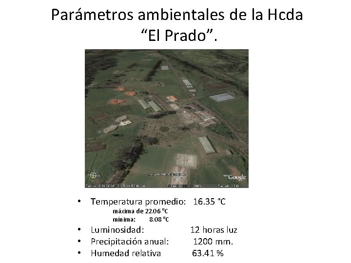 Parámetros ambientales de la Hcda “El Prado”. • Temperatura promedio: 16. 35 °C máxima