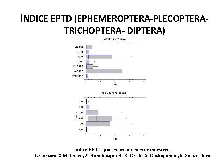 ÍNDICE EPTD (EPHEMEROPTERA-PLECOPTERATRICHOPTERA- DIPTERA) Índice EPTD por estación y mes de muestreo. 1. Cantera,