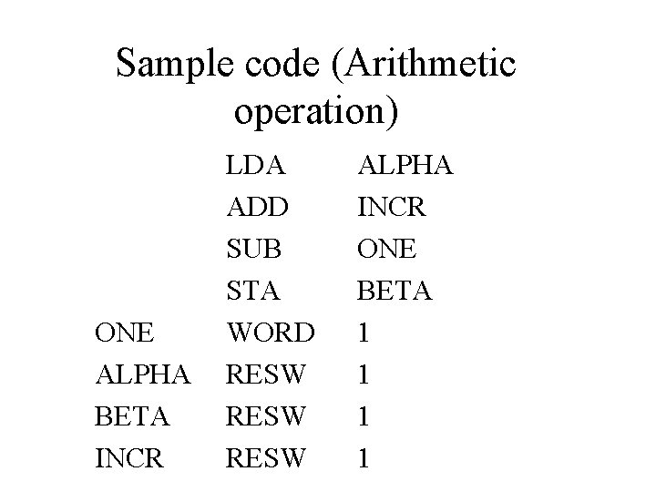 Sample code (Arithmetic operation) ONE ALPHA BETA INCR LDA ADD SUB STA WORD RESW