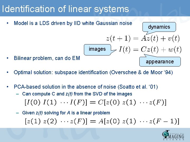 Identification of linear systems • Model is a LDS driven by IID white Gaussian