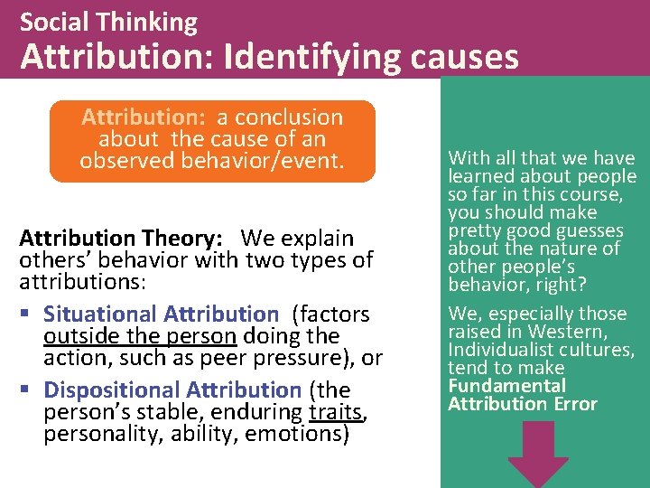 Social Thinking Attribution: Identifying causes Attribution: a conclusion about the cause of an observed