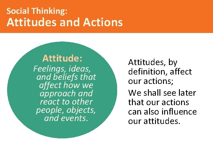 Social Thinking: Attitudes and Actions Attitude: Feelings, ideas, and beliefs that affect how we