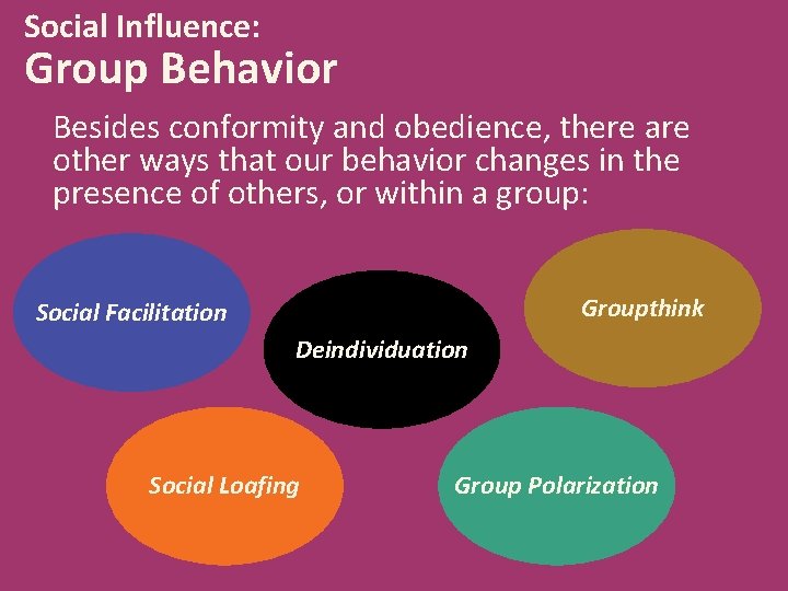Social Influence: Group Behavior Besides conformity and obedience, there are other ways that our