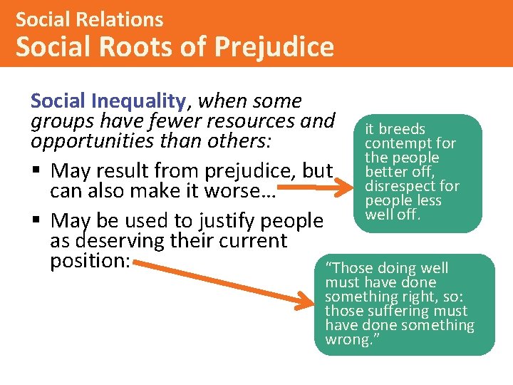 Social Relations Social Roots of Prejudice Social Inequality, when some groups have fewer resources