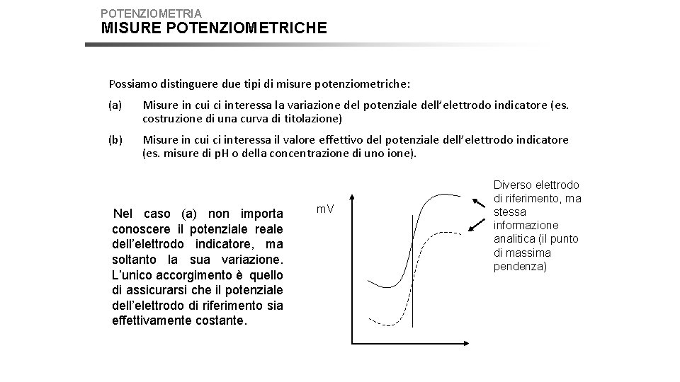 POTENZIOMETRIA MISURE POTENZIOMETRICHE Possiamo distinguere due tipi di misure potenziometriche: (a) Misure in cui