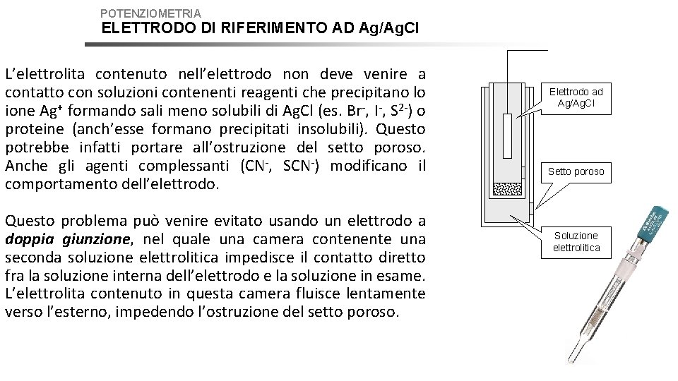 POTENZIOMETRIA ELETTRODO DI RIFERIMENTO AD Ag/Ag. Cl L’elettrolita contenuto nell’elettrodo non deve venire a