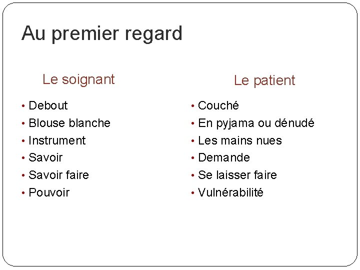 Au premier regard Le soignant Le patient • Debout • Couché • Blouse blanche