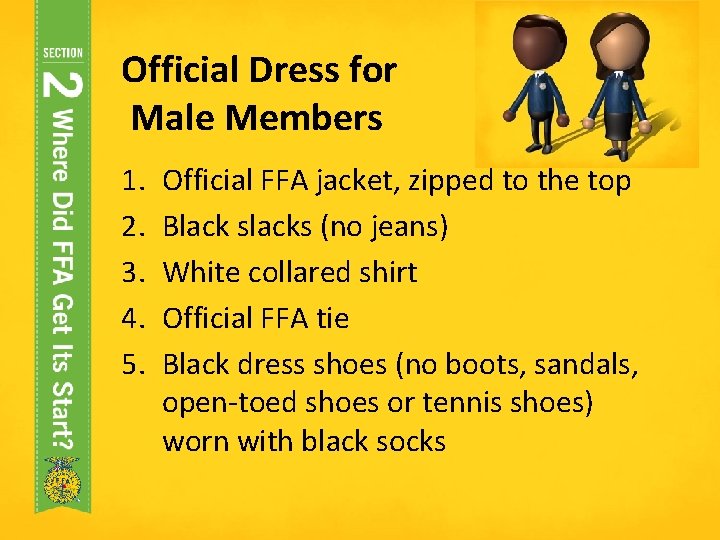 Official Dress for Male Members 1. 2. 3. 4. 5. Official FFA jacket, zipped