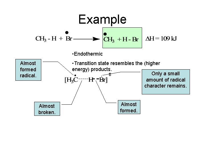 Example • Endothermic • Transition state resembles the (higher energy) products. Only a small