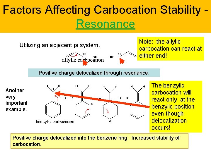 Factors Affecting Carbocation Stability Resonance Utilizing an adjacent pi system. Note: the allylic carbocation