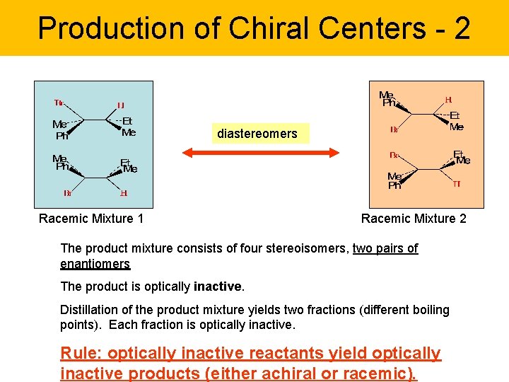 Production of Chiral Centers - 2 diastereomers Racemic Mixture 1 Racemic Mixture 2 The