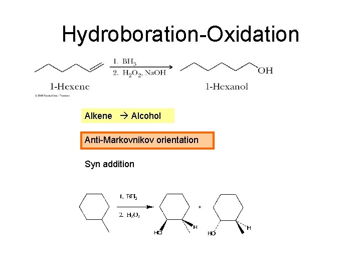 Hydroboration-Oxidation Alkene Alcohol Anti-Markovnikov orientation Syn addition 