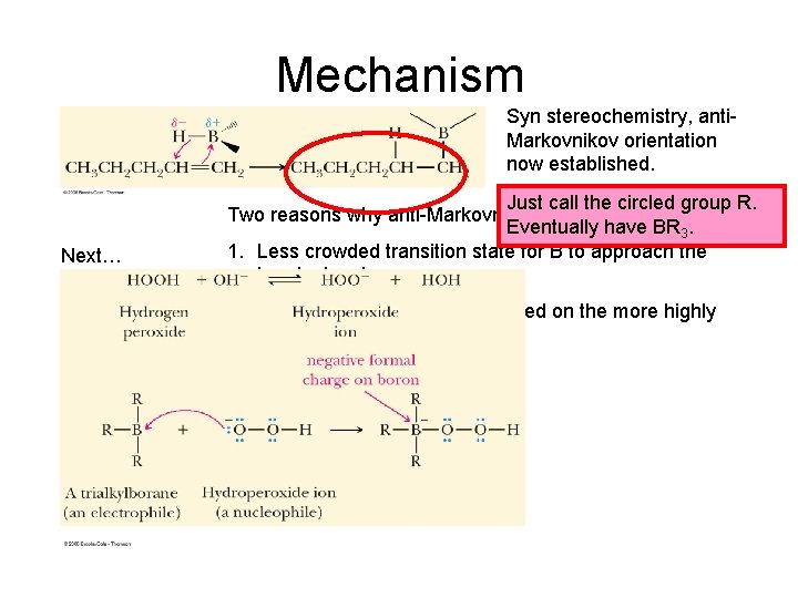 Mechanism Syn stereochemistry, anti. Markovnikov orientation now established. Next… Just call the circled group