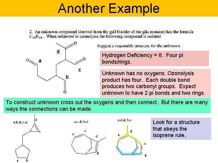 Another Example d Hydrogen Deficiency = 8. Four pi bonds/rings. a c b Unknown