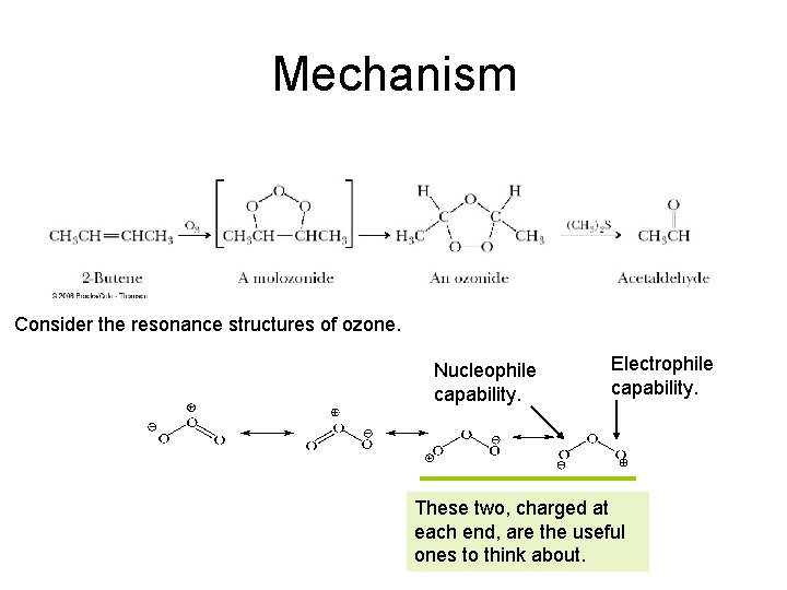 Mechanism Consider the resonance structures of ozone. Nucleophile capability. Electrophile capability. These two, charged