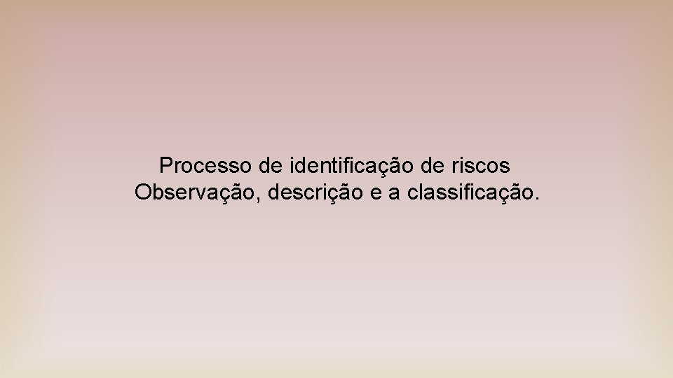 Processo de identificação de riscos Observação, descrição e a classificação. 