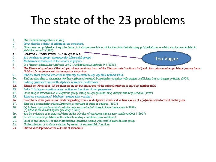 The state of the 23 problems 1. 2. 3. 4. 5. 6. 7. 8.