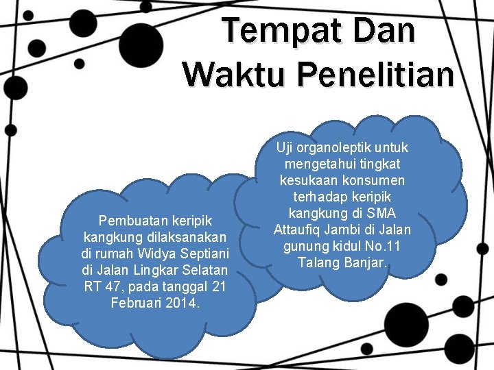Tempat Dan Waktu Penelitian Pembuatan keripik kangkung dilaksanakan di rumah Widya Septiani di Jalan Tempat Dan Waktu Penelitian Pembuatan keripik kangkung dilaksanakan di rumah Widya Septiani di Jalan