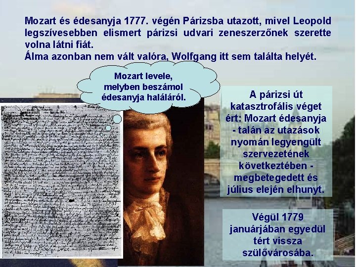 Mozart és édesanyja 1777. végén Párizsba utazott, mivel Leopold legszívesebben elismert párizsi udvari zeneszerzőnek